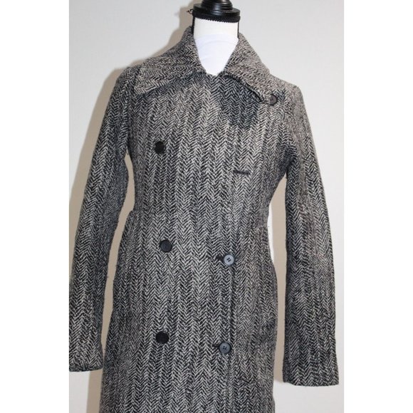All Saints Aren Coat Size 4 Wool Hepburn Steampunk Modern Minimalist Herringbone - Picture 7 of 11